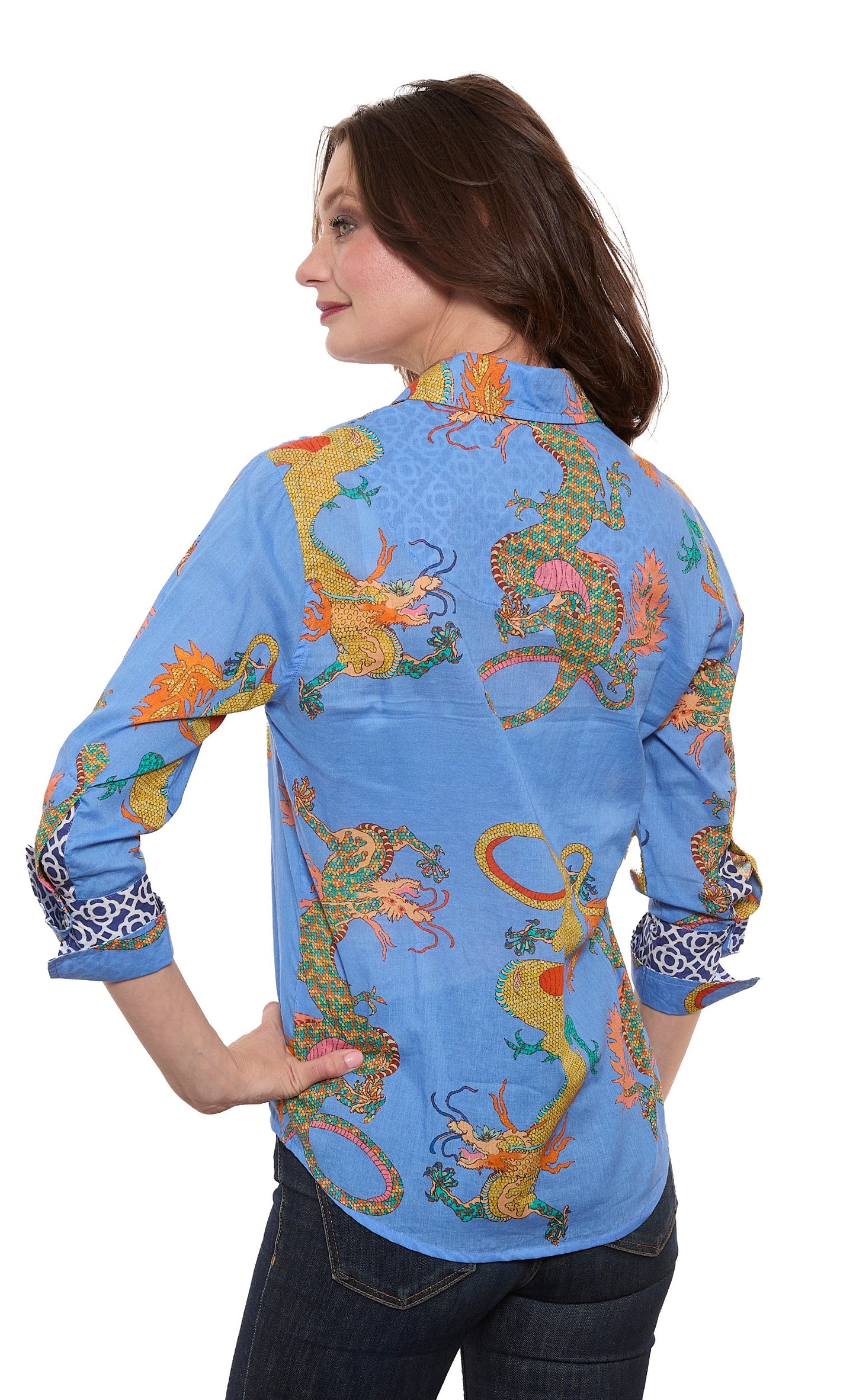 3/4 Sleeve Rome Shirt French Blue Cotton Voile Dragon Print