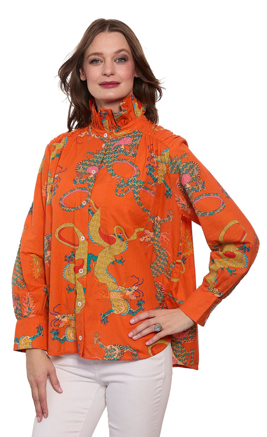 Sun Valley Oversized Shirt with Ruffle Collar Orange Dragon Print Cotton Linen