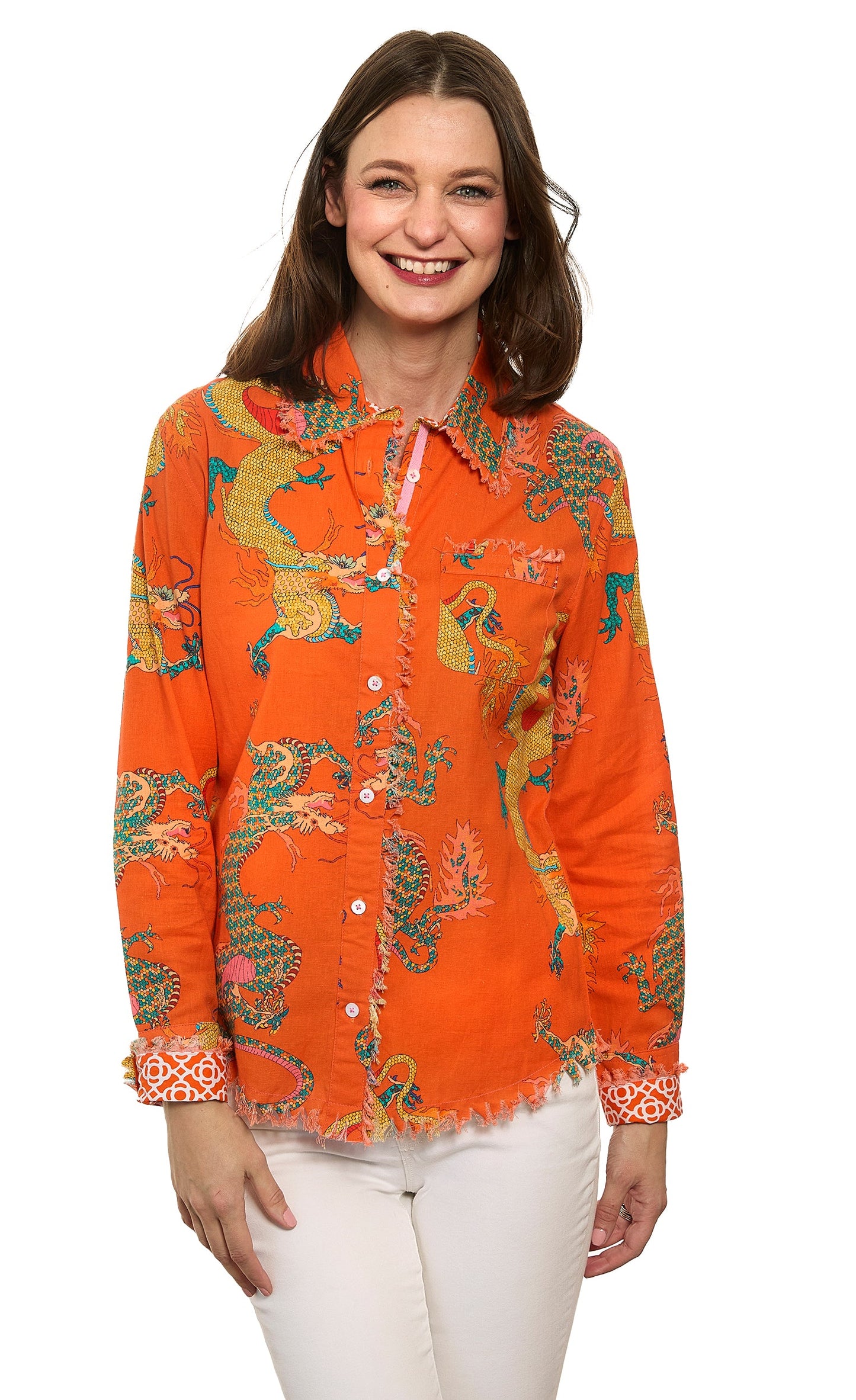 Cape Cod Top Orange Dragon Print On Cotton Linen