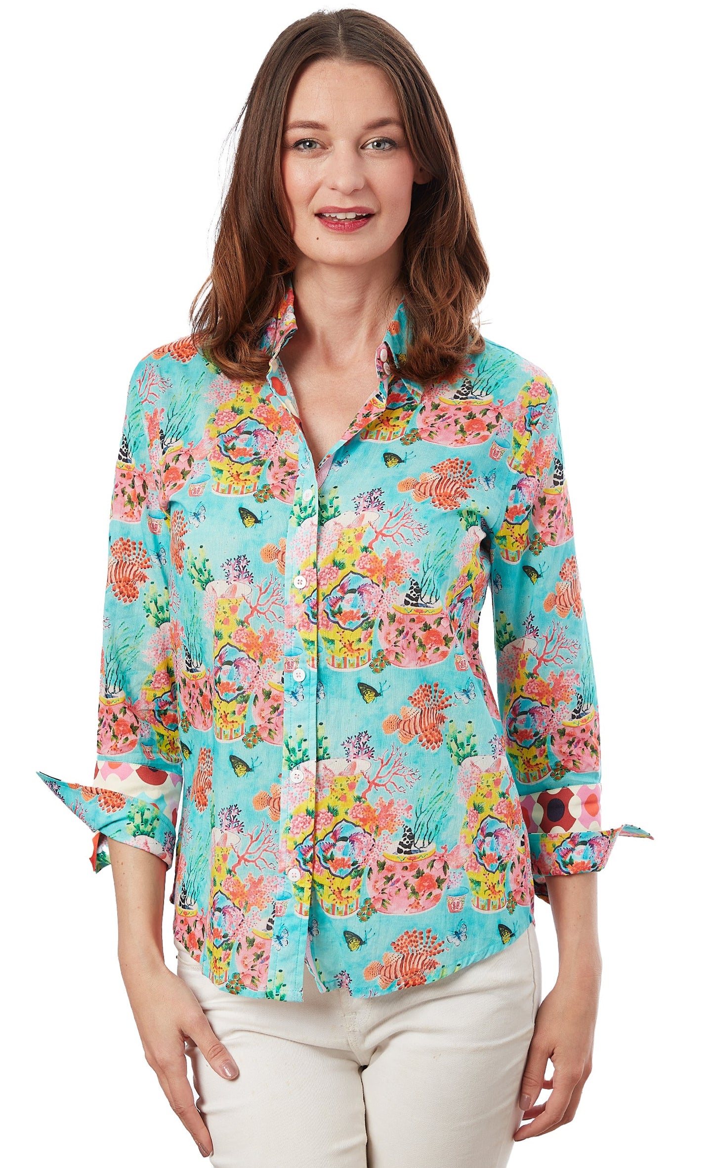 3/4 Sleeve Rome Shirt Flowers and Fish