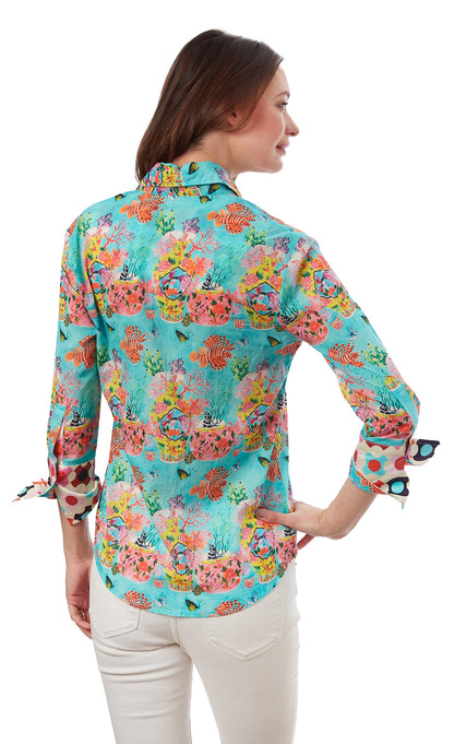 3/4 Sleeve Rome Shirt Flowers and Fish