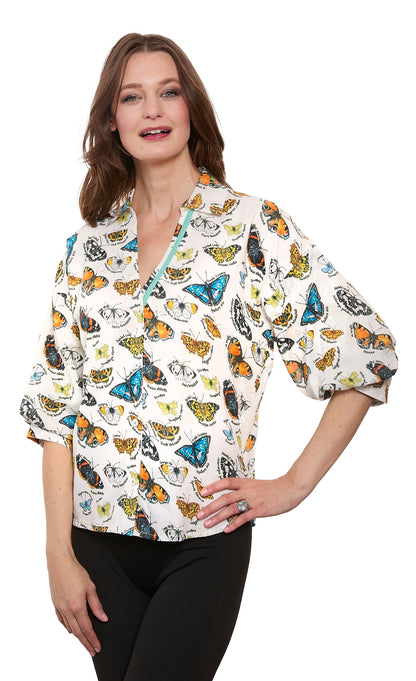 Milano Puff Sleeve Top Butterfly Print Cotton Voile Ivory Ground
