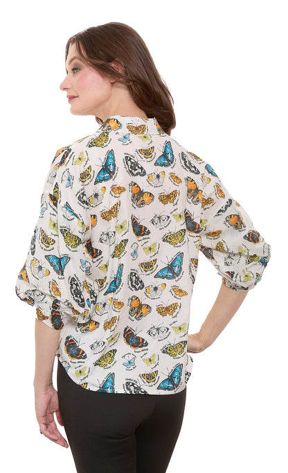 Milano Puff Sleeve Top Butterfly Print Cotton Voile Ivory Ground