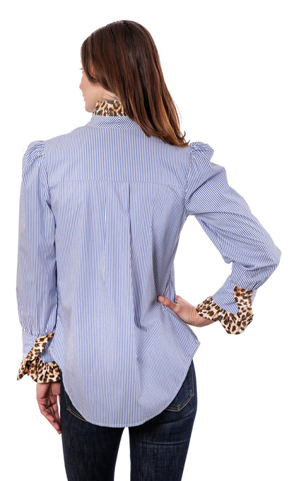 Blue Striped Puff Sleeve Top with Cheetah Collar and Cuff