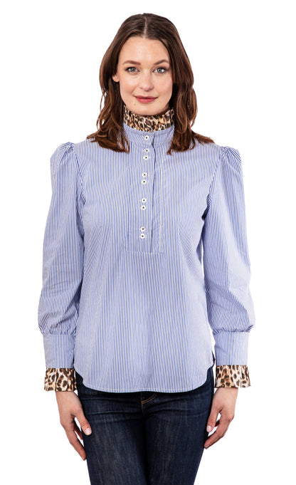 Blue Striped Puff Sleeve Top with Cheetah Collar and Cuff