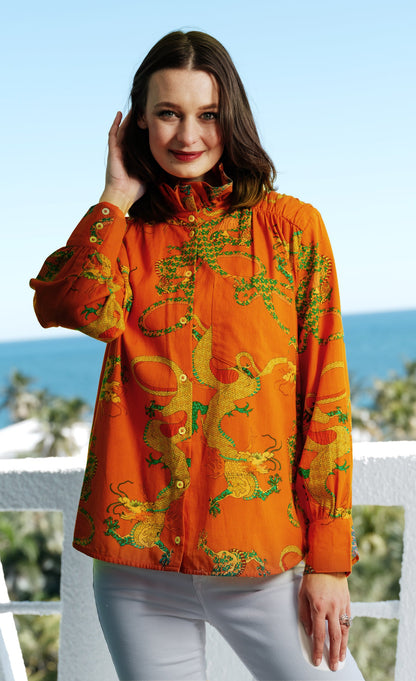 Sun Valley Oversized Shirt with Ruffle Collar Orange Dragon Print Cotton Linen