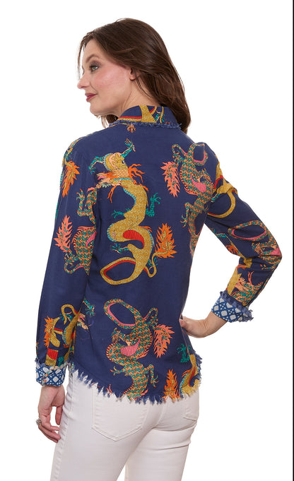 Cape Cod Top Navy Dragons On Linen Cotton