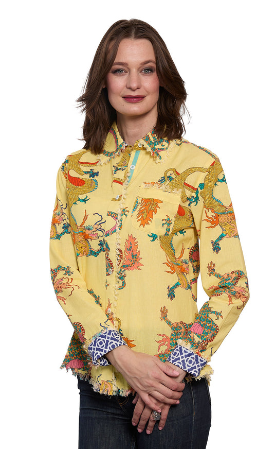 Cape Cod Top Butter Yellow Dragon Print On Cotton Linen