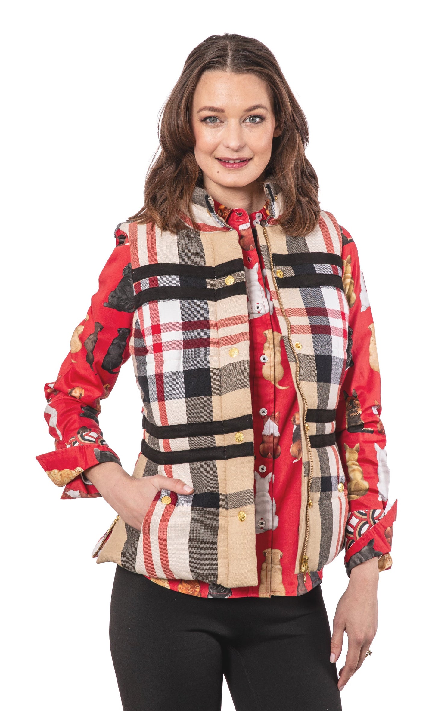 Rosey Vest Khaki Red Yarndyed Flannel