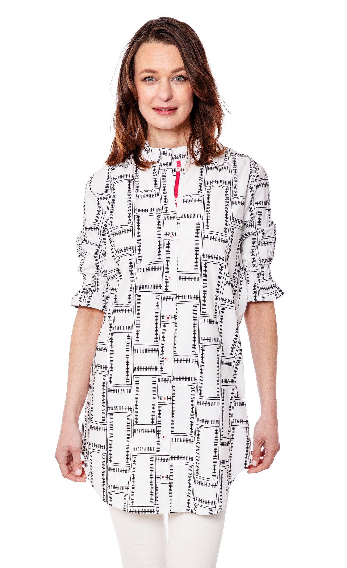 Big Shirt Tunic with Ruffle Sleeves White Geo