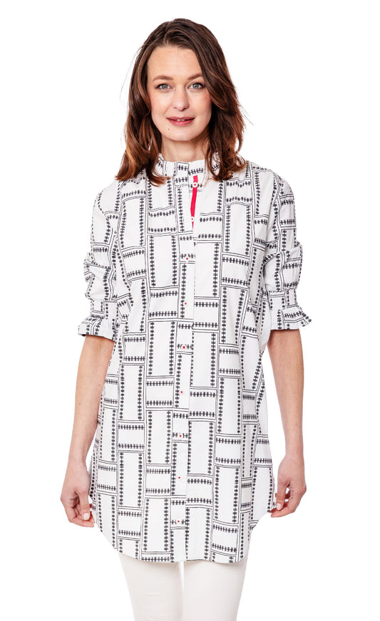 Big Shirt Tunic with Ruffle Sleeves White Geo