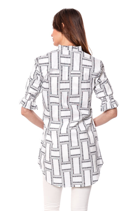 Big Shirt Tunic with Ruffle Sleeves White Geo