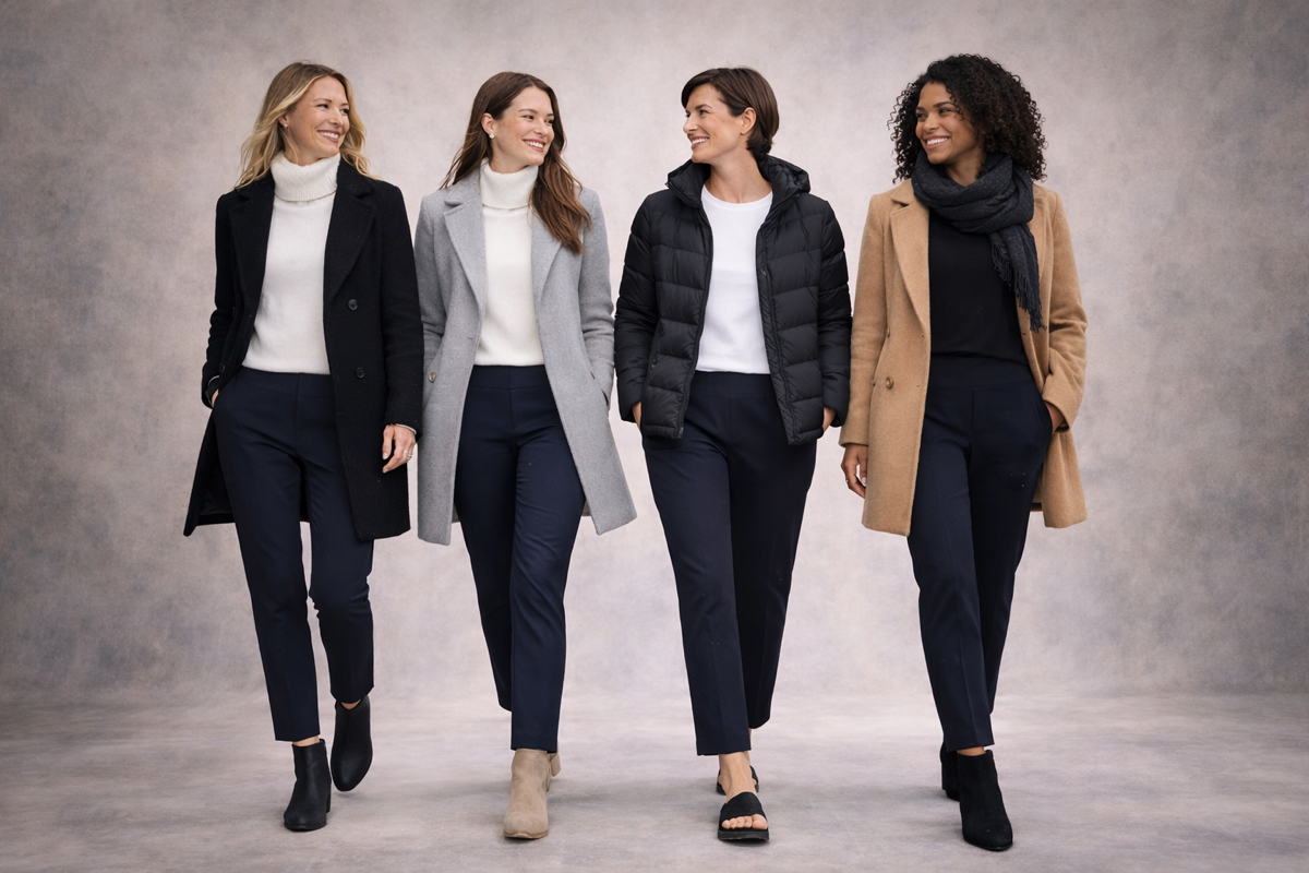 Four women walking together in Krazy Larry pants and winter coats